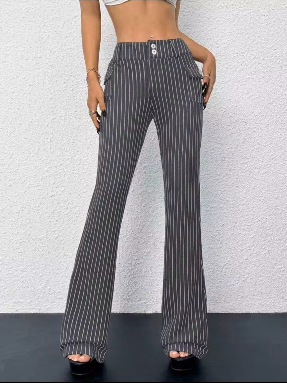🍙 NWOT SHEIN ICON Dark Gray w/ White Pinstripes Low-Mid Rise Fit & Flare Pants